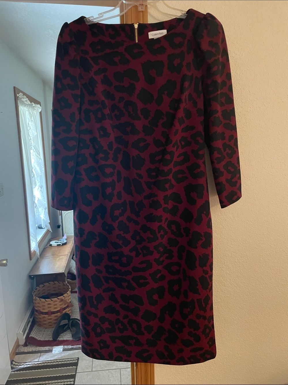 Calvin Klein Black and Burgundy Leopard Print Long Sleeve Dress
